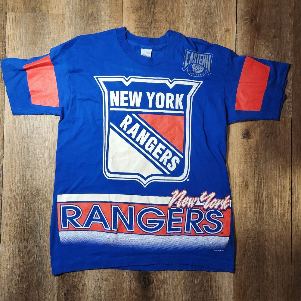 🏒💙❤️Vtg. NHL 90s Salem Sportswear New York Rangers All-Over-Print T-Shirt-L